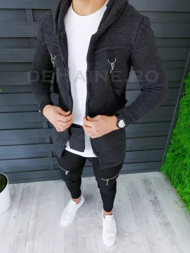 Cardigan barbati gri inchis cu gluga slim fit ZR T3615 81-2